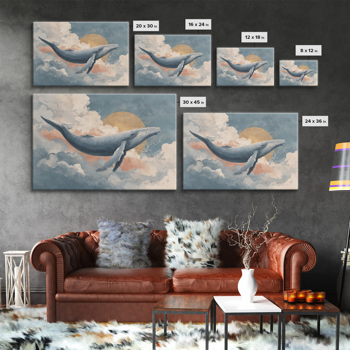 Whale Flying Through Clouds Like Ocean Framed Canvas Print, Whimsical Art, Watercolor Art, Living Room Decor, Wonder, WHI-3x2-65