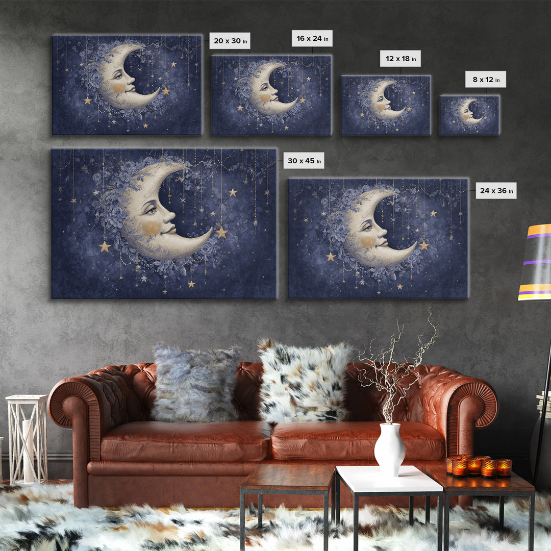 Moon with Sleeping Face and Dangling Stars Canvas Print, Whimsical Art, Minimalist Decor, Living Room Decor, Fine Art, Wonder, WHI-3x2-68