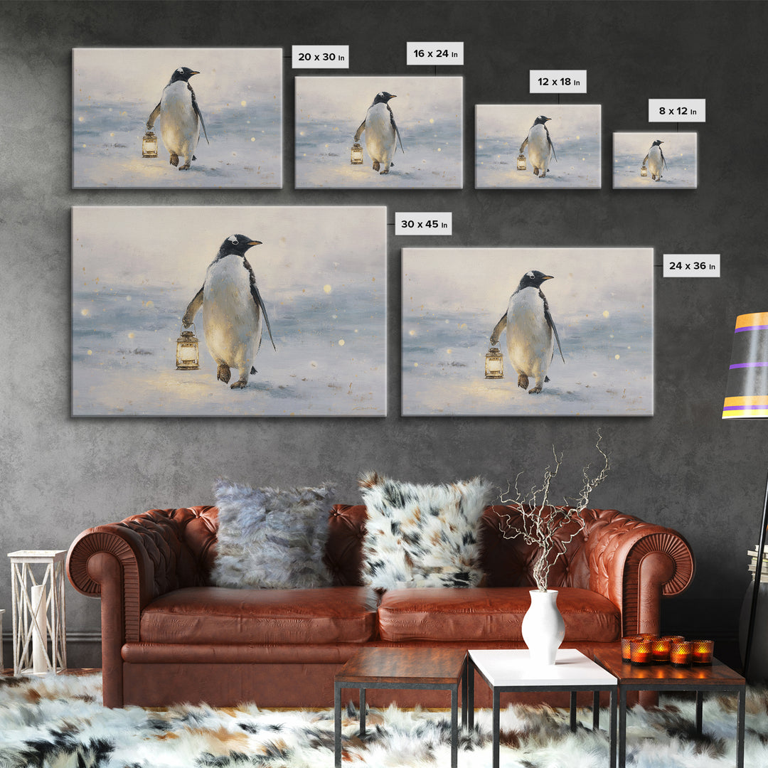 Penguin Holding a Lantern Framed Canvas Print, Whimsical Art, Gallery Decor, Living Room Decor, Fine Art, Wonder, Wall Art, WHI-3x2-69