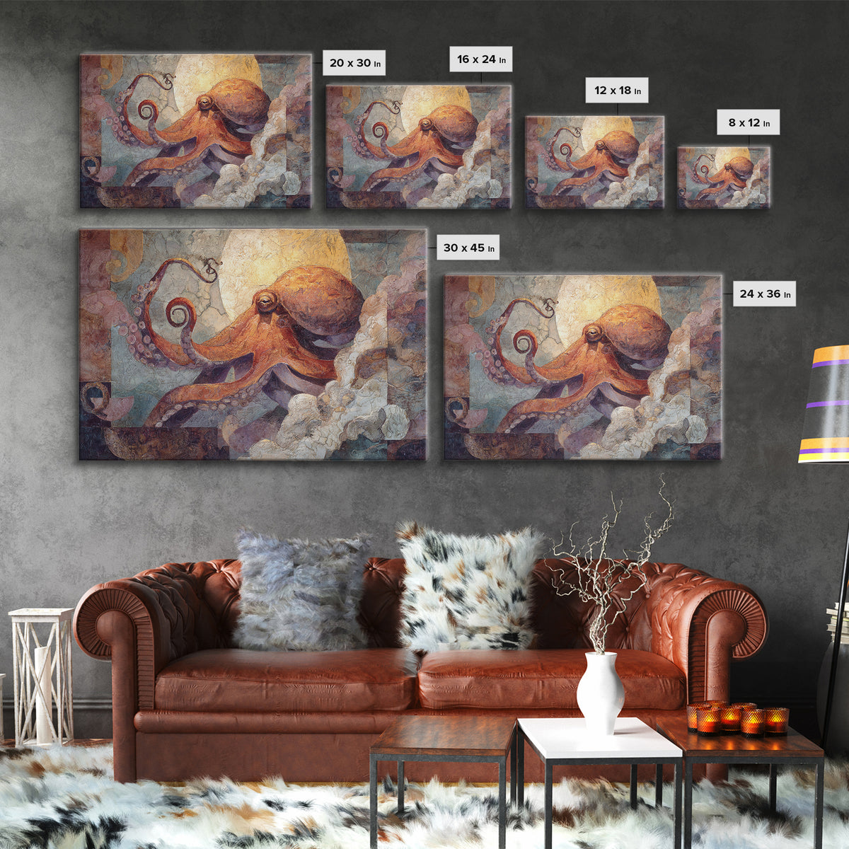 Octopus Conductor with Tiny Instruments Framed Canvas Print, Whimsical Art, Dark Academia Decor, Living Room Decor, Wonder, WHI-3x2-70
