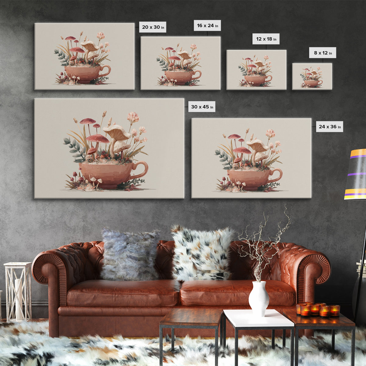 Teacup Garden with Tiny Mushrooms Framed Canvas Print, Whimsical Art, Dopamine Decor, Living Room Decor, Fine Art, Wonder, WHI-3x2-8
