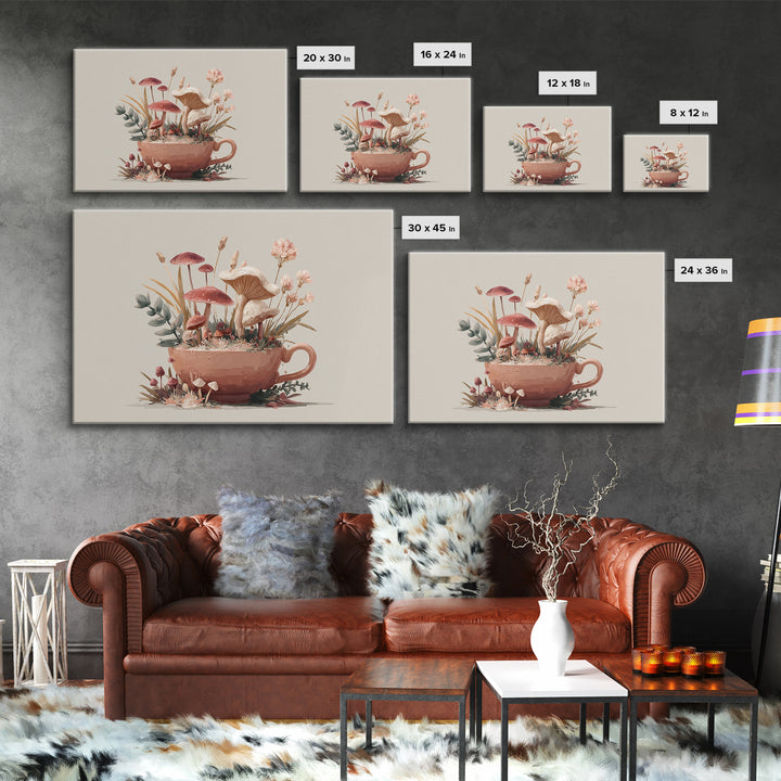 Teacup Garden with Tiny Mushrooms Framed Canvas Print, Whimsical Art, Dopamine Decor, Living Room Decor, Fine Art, Wonder, WHI-3x2-8