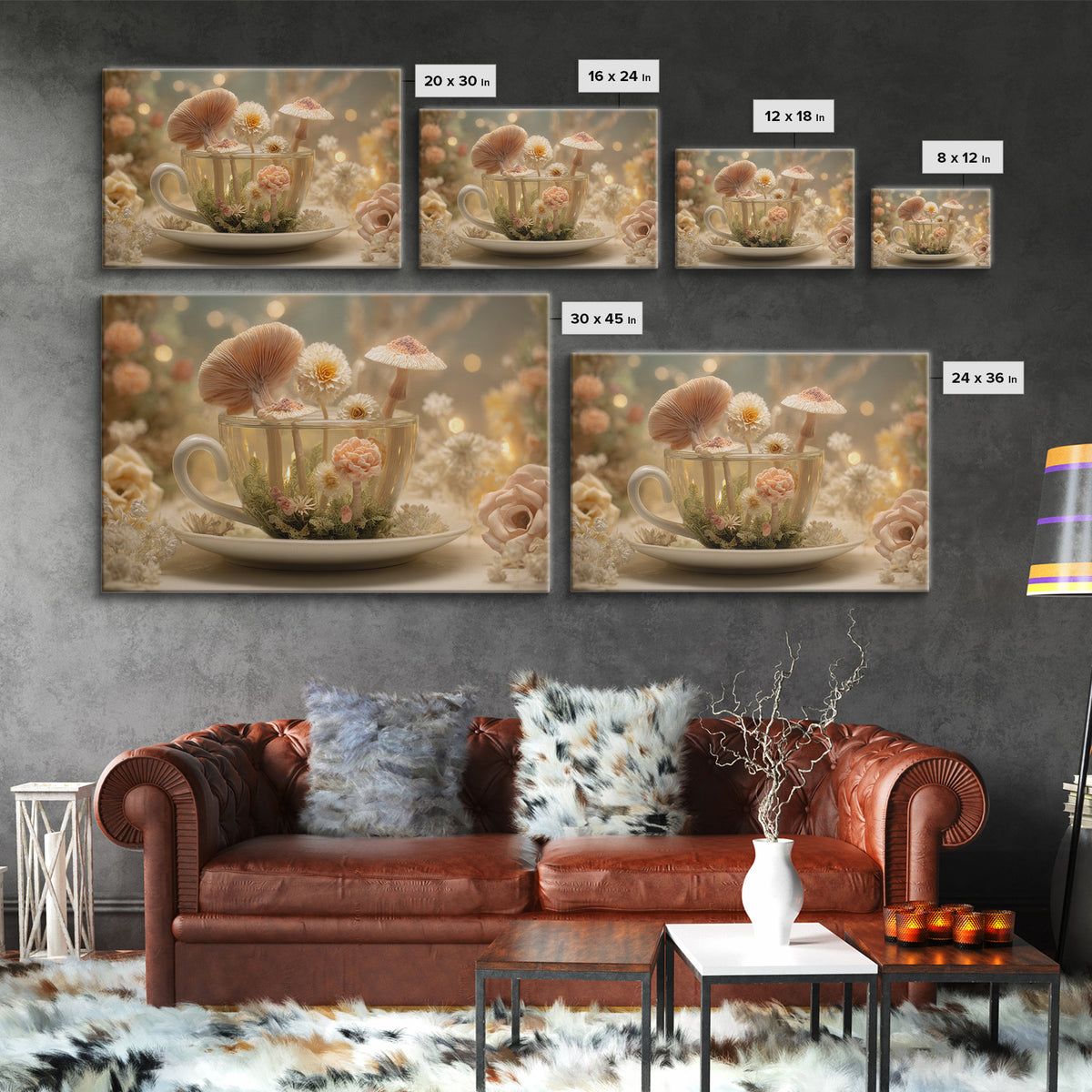 Teacup Garden with Tiny Mushrooms Framed Canvas Print, Whimsical Art, Home Decor, Living Room Decor, Fine Art, Wonder, WHI-3x2-80