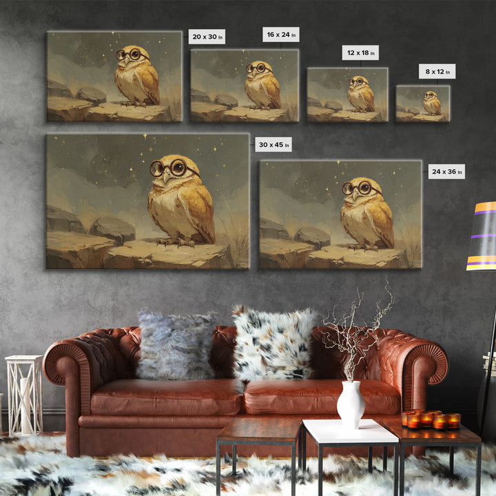 Owl Wearing Spectacles Among Stars Framed Canvas Print, Whimsical Art, Nursery Prints, Living Room Decor, Oil Painting, Wonder, WHI-3x2-82