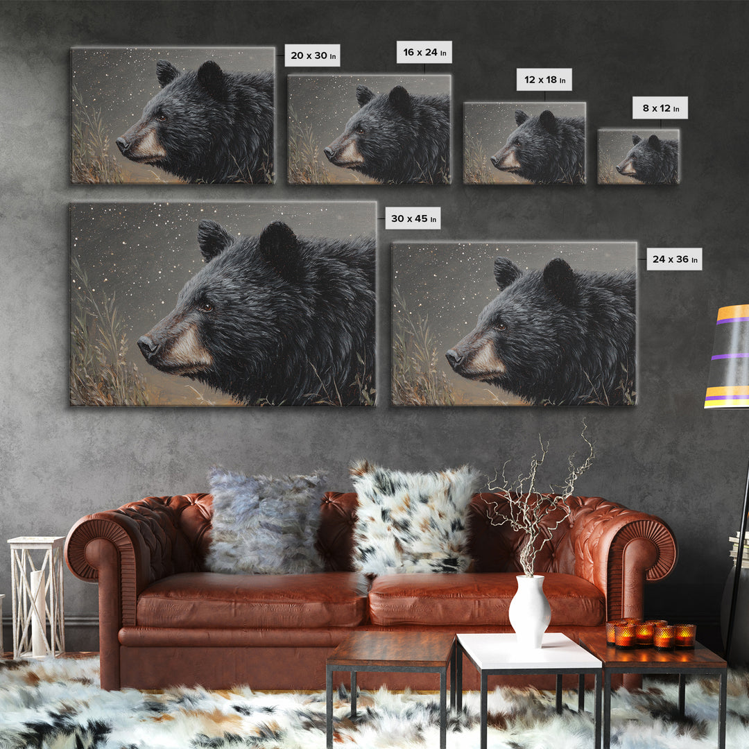 Bear Painting Stars Onto the Night Sky Framed Canvas Print, Whimsical Art, Statement Artwork, Living Room Decor, Wonder, WHI-3x2-85