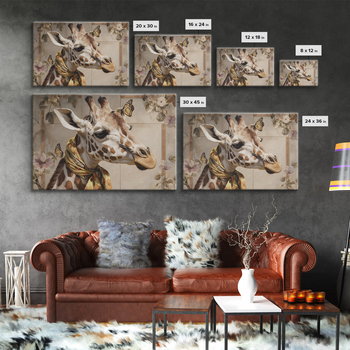 Giraffe with Scarf and Butterflies Framed Canvas Print, Whimsical Art, Nursery Wall Decor, Living Room Decor, Fine Art, Wonder, WHI-3x2-86