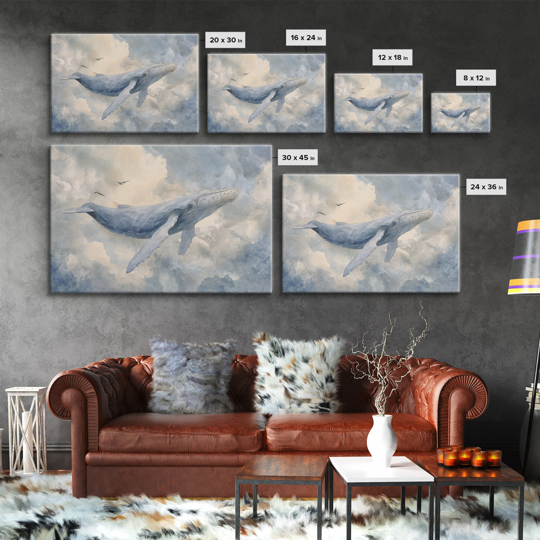 Whale Flying Through Clouds Like Ocean Canvas Print, Whimsical Art, Boho Decor, Living Room Decor, Wonder, Digital Art, WHI-3x2-89