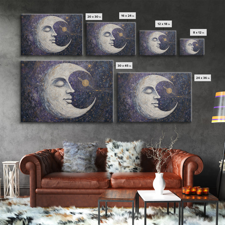 Moon with Sleeping Face and Dangling Stars Framed Canvas Print, Whimsical Art, Art Print, Living Room Decor, Fine Art, Wonder, WHI-3x2-92