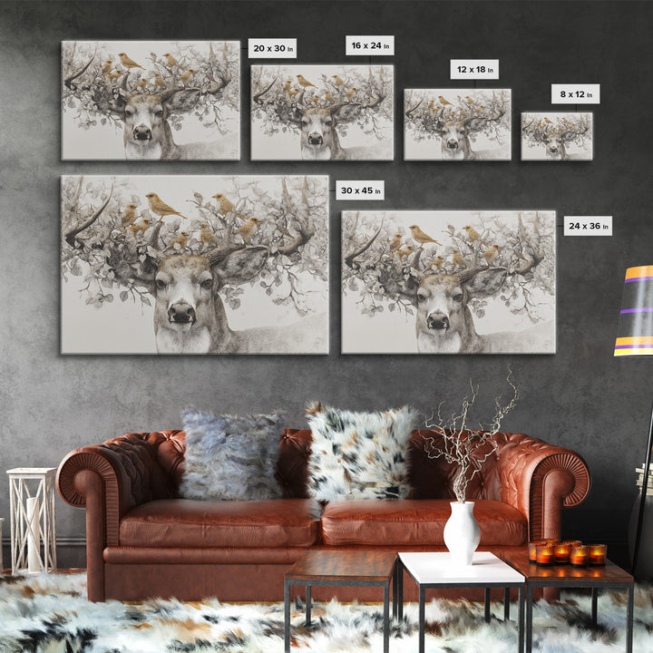 Deer with Antlers Full of Birds Framed Canvas Print, Whimsical Art, Original Art, Living Room Decor, Fine Art, Wonder, WHI-3x2-95