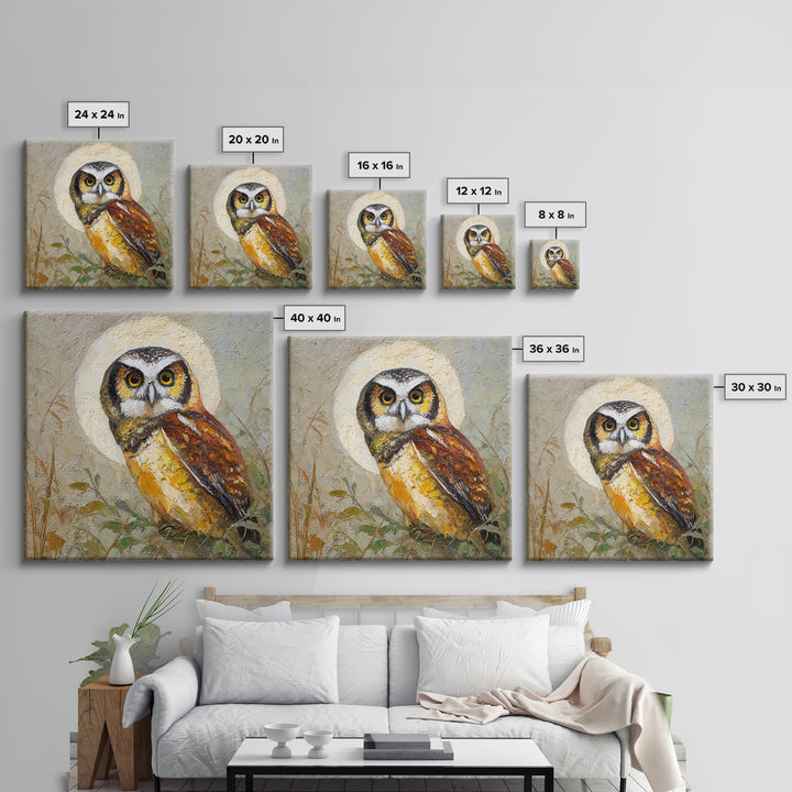 Owl Perched in Moonlit Woodland Framed Canvas Print, Wildlife Art, Wall Decor, Living Room Decor, Wild, Living Room Wall Art, WIL-1x1-12