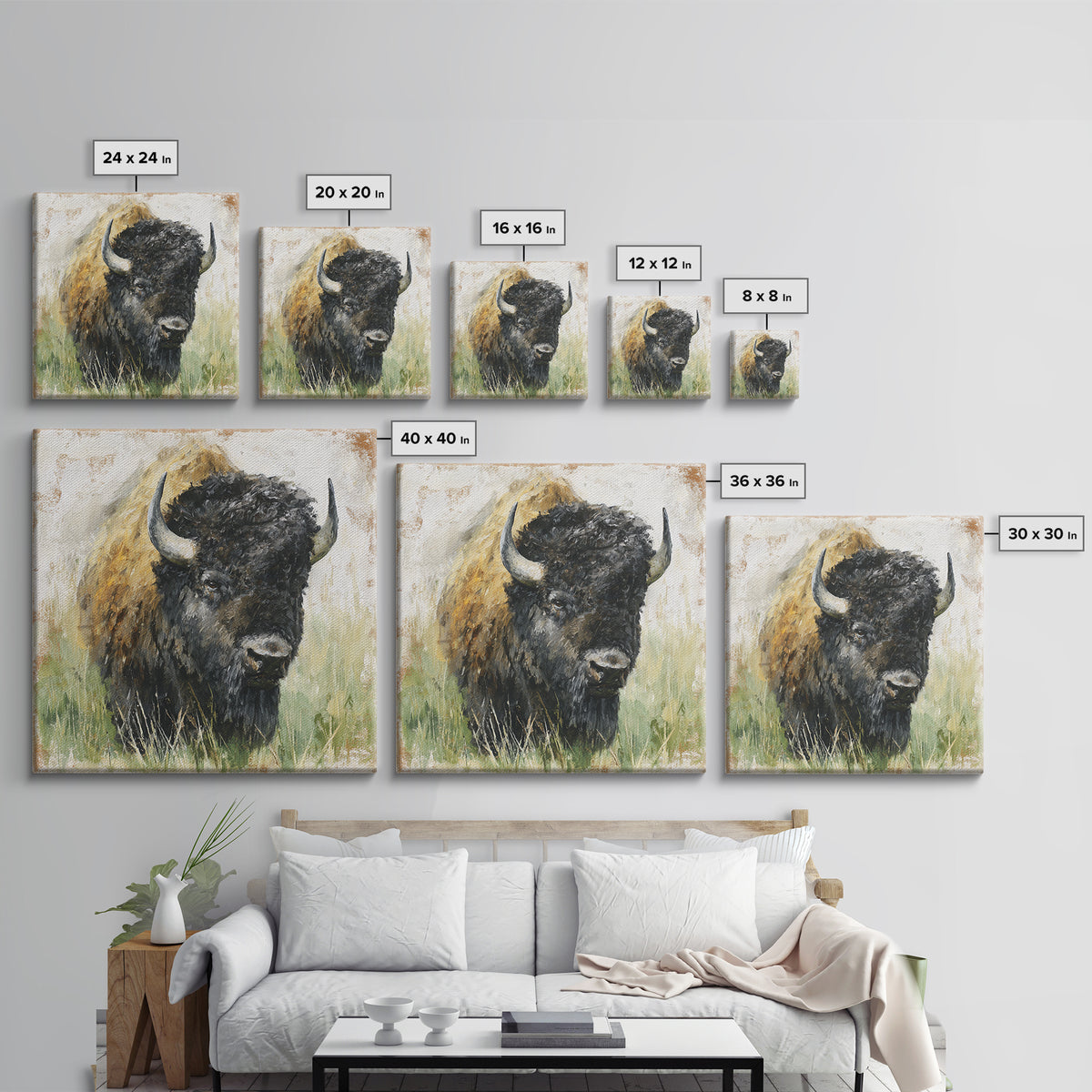 Bison on Wide Western Prairie Canvas Print, Wildlife Art, Canvas Painting, Living Room Decor, Watercolor Art, Wild, WIL-1x1-13