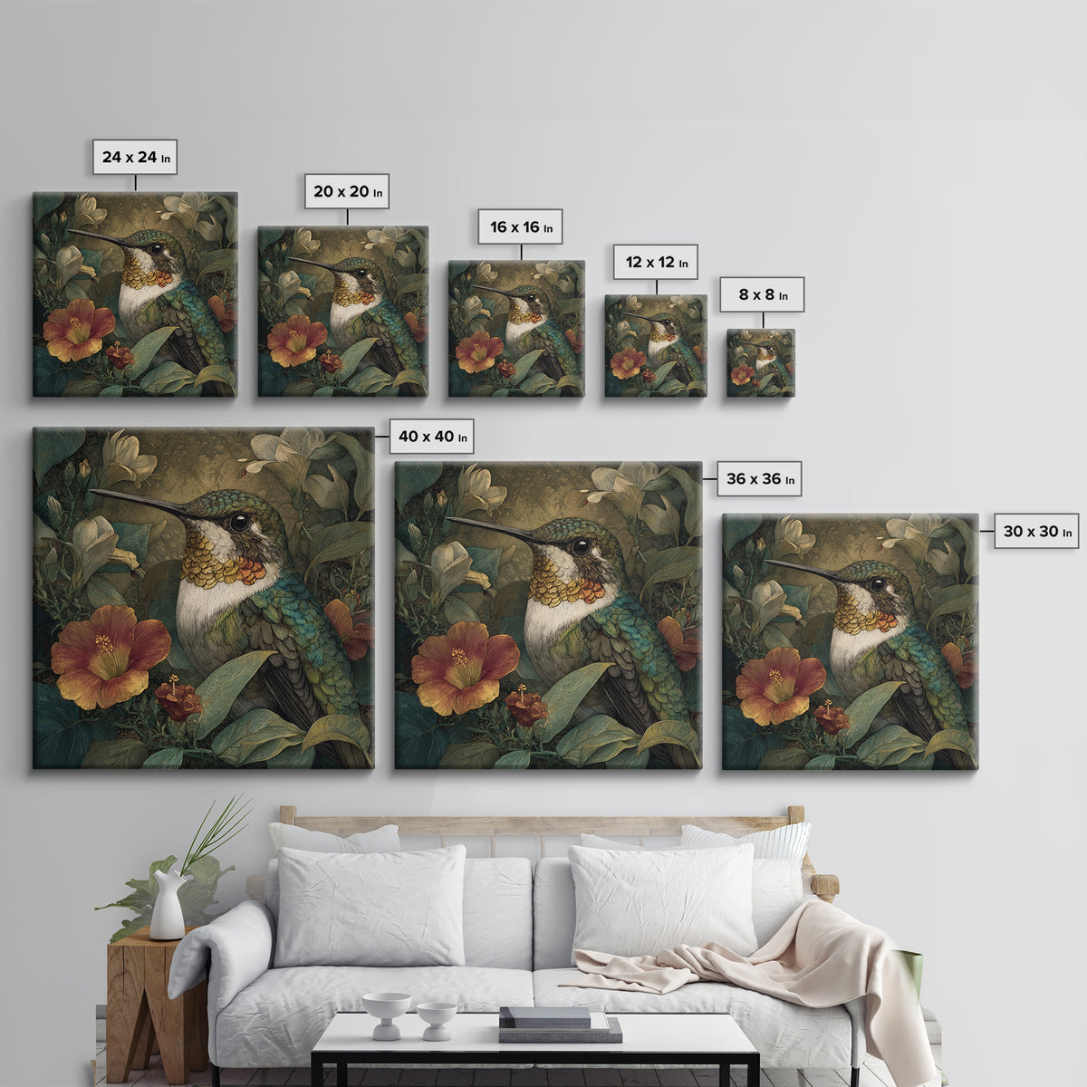 Hummingbird Beside Bright Flowers Framed Canvas Print, Wildlife Art, Canvas Print, Living Room Decor, Fine Art, Wild, WIL-1x1-16