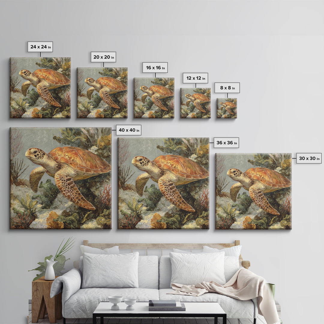 Sea Turtle over Coral Reef Canvas Print, Wildlife Art, Living Room Wall Art, Living Room Decor, Wild, Unique Home Decor, WIL-1x1-18