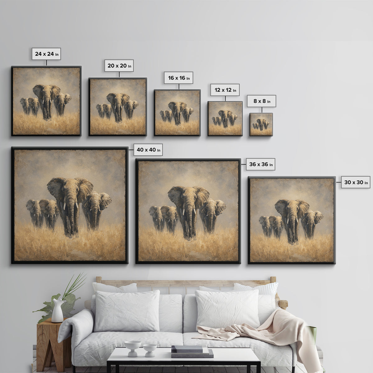 Elephant Herd Walking Through Dusty Sunset Framed Canvas Print, Wildlife Art, Bedroom Wall Art, Living Room Decor, Wild, WIL-1x1-2