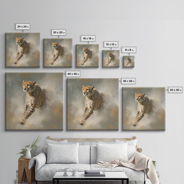 Cheetah Running Through Warm Dust Framed Canvas Print, Wildlife Art, Nature Wall Art, Living Room Decor, Fine Art, Wild, WIL-1x1-21