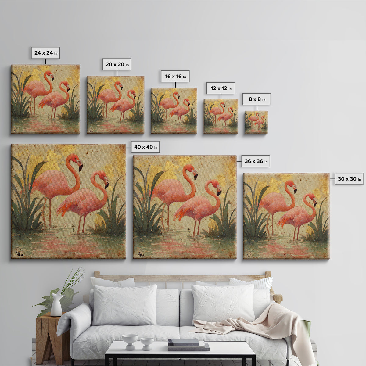 Flamingos in Pink Shallow Water Canvas Print, Wildlife Art, Bird Art, Living Room Decor, Oil Painting, Wild, Original Artwork, WIL-1x1-22