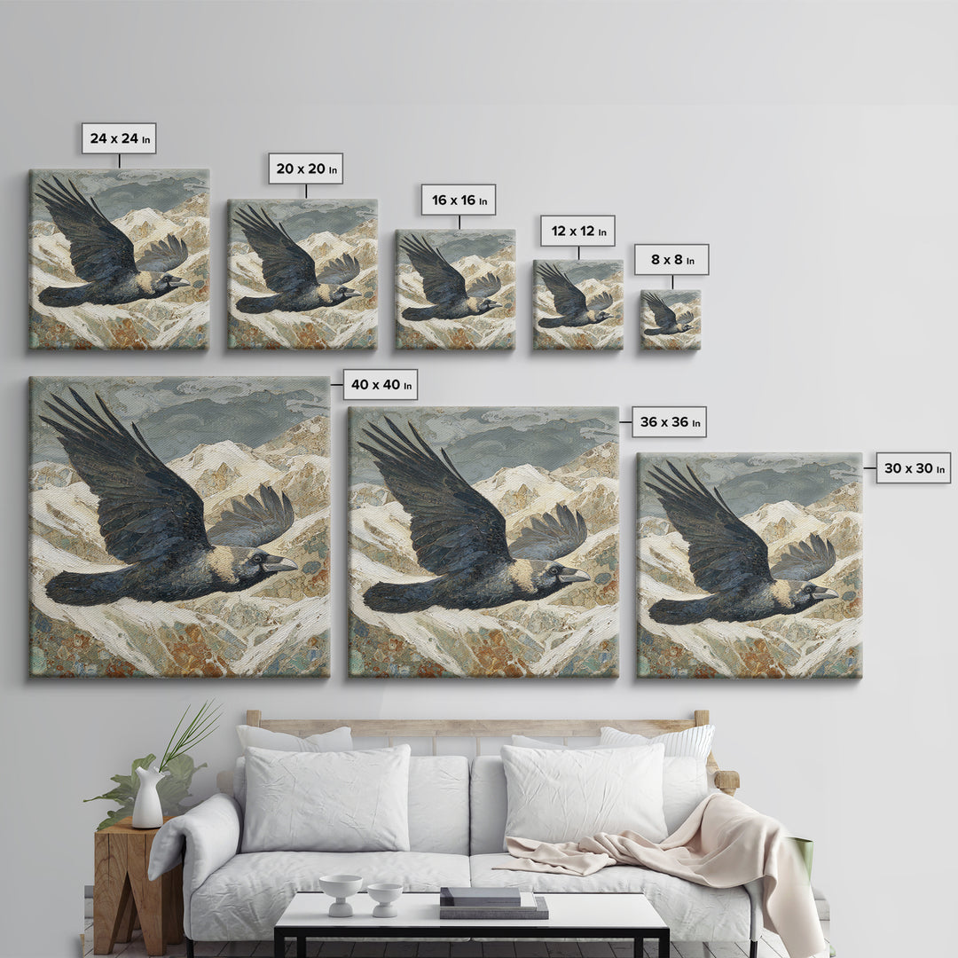 Raven Flying Through Snowy Mountains Framed Canvas Print, Wildlife Art, Living Room Art, Living Room Decor, Fine Art, Wild, WIL-1x1-24