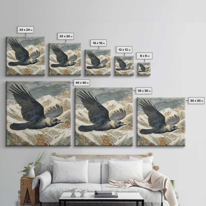Raven Flying Through Snowy Mountains Framed Canvas Print, Wildlife Art, Living Room Art, Living Room Decor, Fine Art, Wild, WIL-1x1-24