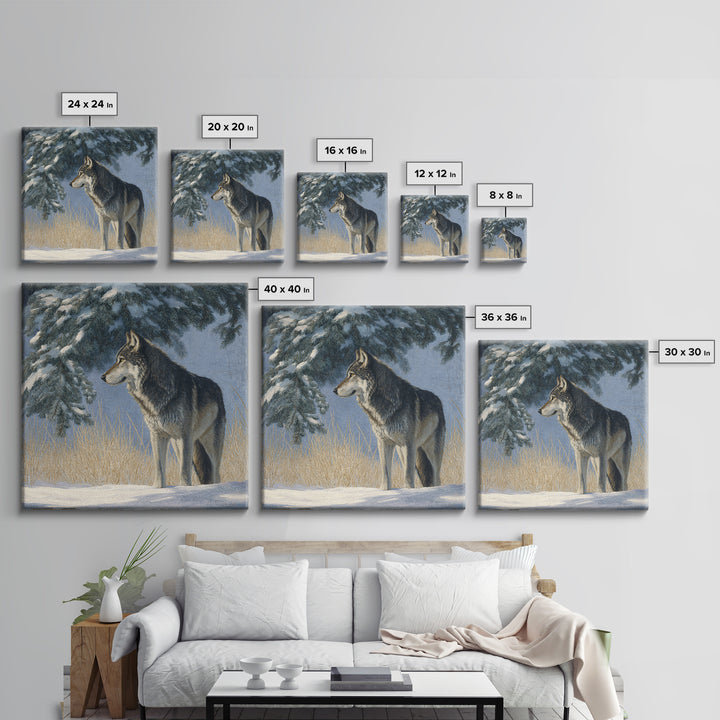 Wolf Standing Beneath Snowy Pine Trees Framed Canvas Print, Wildlife Art, Canvas Print, Living Room Decor, Fine Art, Wild, WIL-1x1-27