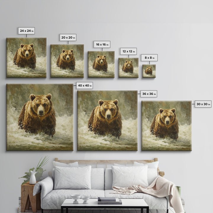 Bear Fishing in Rushing Mountain River Framed Canvas Print, Wildlife Art, Digital Wall Art, Living Room Decor, Fine Art, Wild, WIL-1x1-28