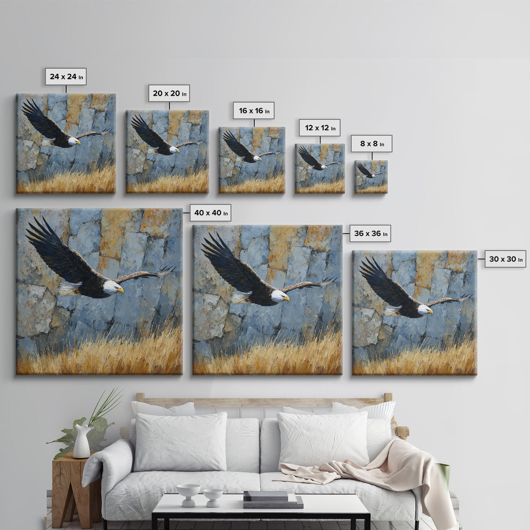 Eagle Soaring Above Rocky Cliffs Canvas Print, Wildlife Art, Bird Wall Art, Living Room Decor, Oil Painting, Wild, Luxury Decor, WIL-1x1-30