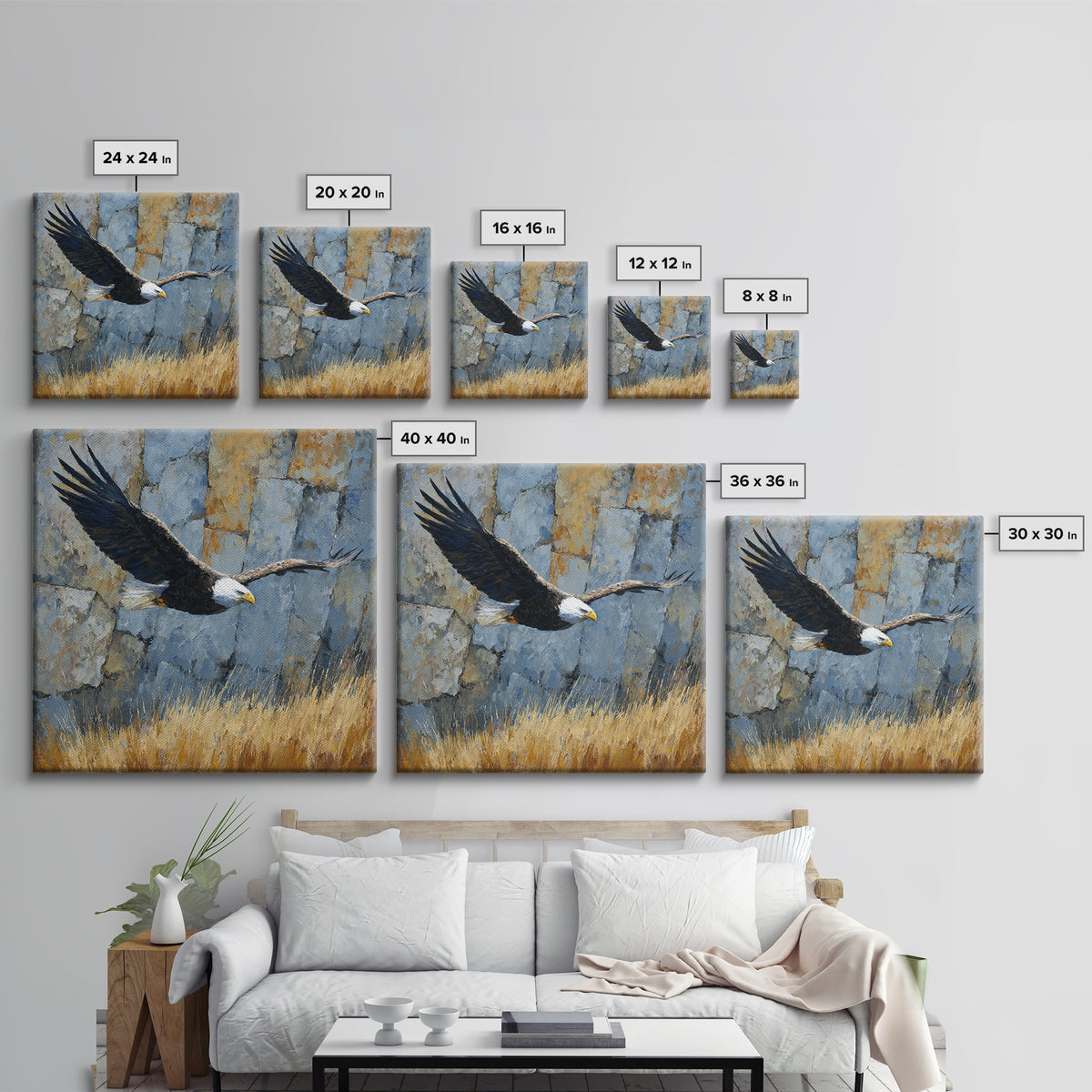 Eagle Soaring Above Rocky Cliffs Canvas Print, Wildlife Art, Bird Wall Art, Living Room Decor, Oil Painting, Wild, Luxury Decor, WIL-1x1-30