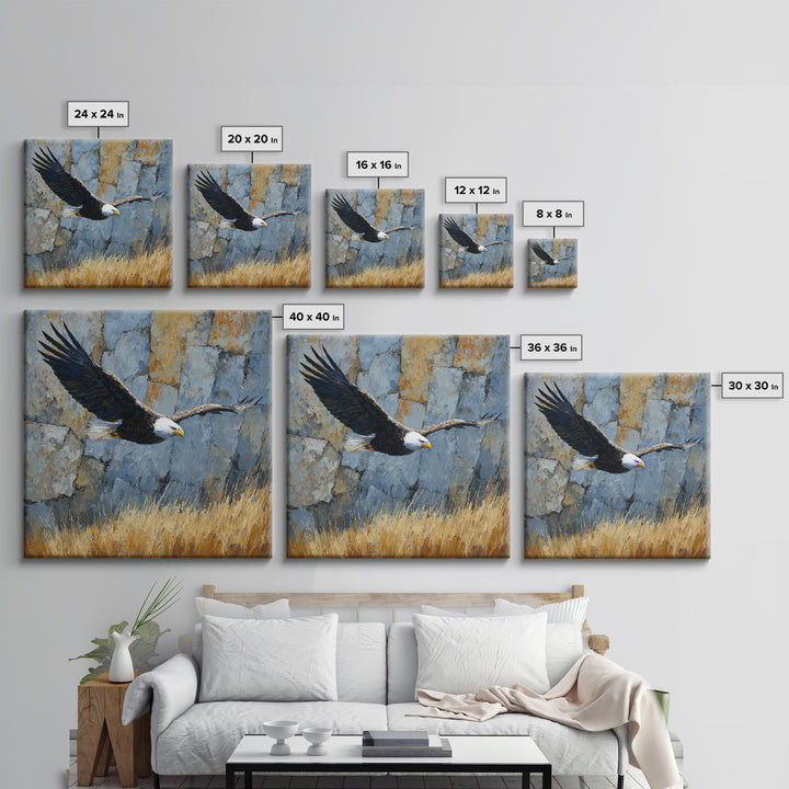 Eagle Soaring Above Rocky Cliffs Canvas Print, Wildlife Art, Bird Wall Art, Living Room Decor, Oil Painting, Wild, Luxury Decor, WIL-1x1-30
