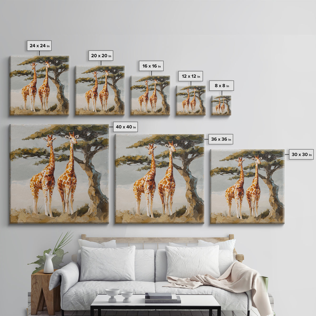 Giraffe Pair under Acacia Tree Canvas Print, Wildlife Art, Living Room Wall Art, Living Room Decor, Wild, Unique Home Decor, WIL-1x1-31