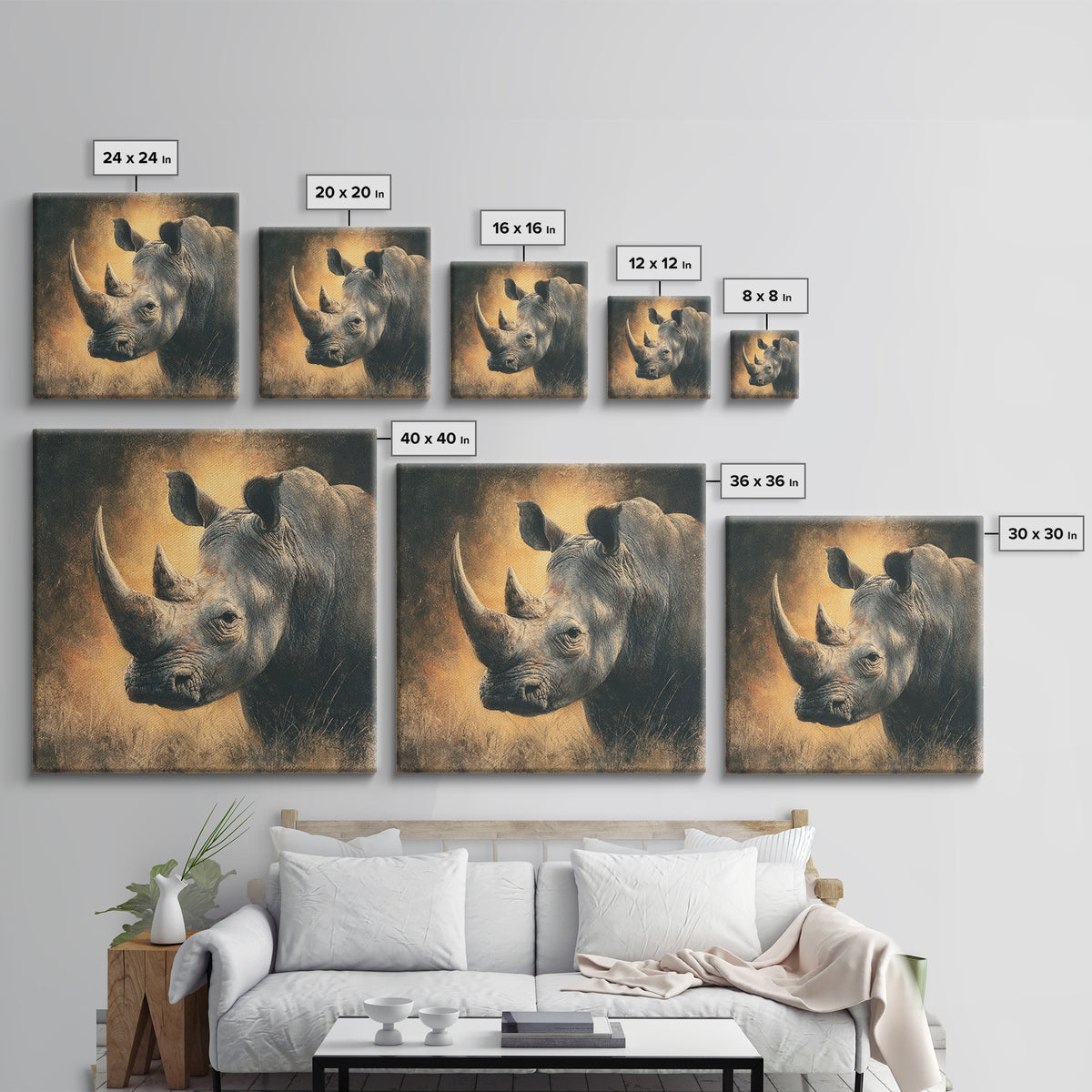 Rhino in Dramatic Stormy Light Framed Canvas Print, Wildlife Art, Gallery Decor, Living Room Decor, Fine Art, Wild, WIL-1x1-32