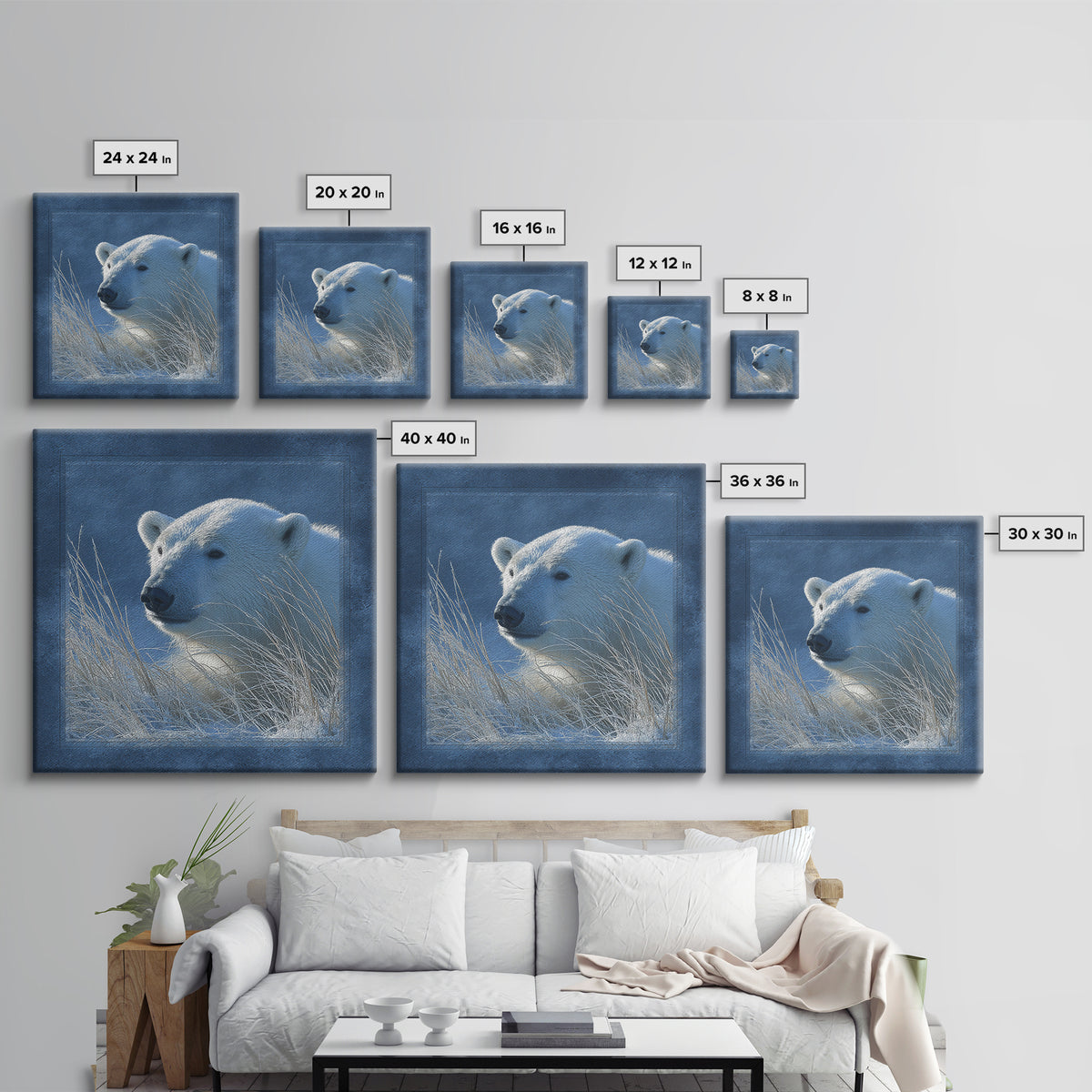 Polar Bear Crossing Blue Ice Framed Canvas Print, Wildlife Art, Bedroom Wall Art, Living Room Decor, Wild, Gallery Decor, WIL-1x1-39