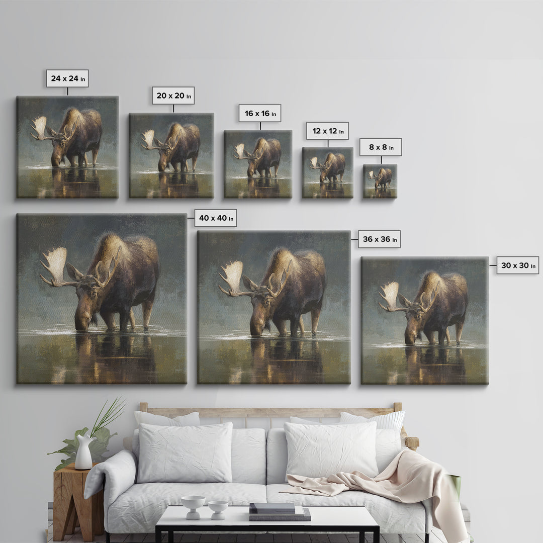 Moose Standing in Reflective Lake Framed Canvas Print, Wildlife Art, Modern Art, Living Room Decor, Wild, Neutral Decor, WIL-1x1-43