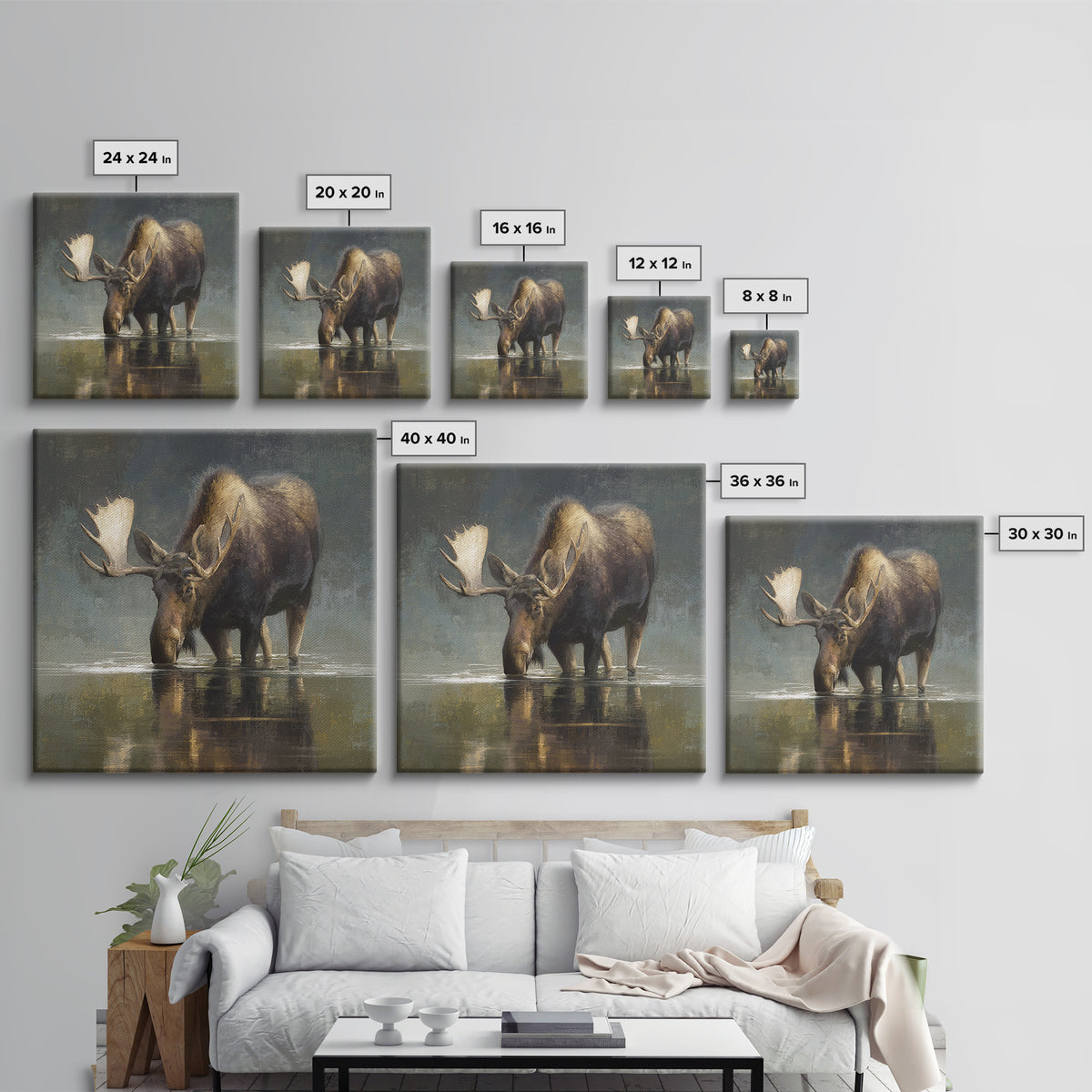 Moose Standing in Reflective Lake Framed Canvas Print, Wildlife Art, Modern Art, Living Room Decor, Wild, Neutral Decor, WIL-1x1-43