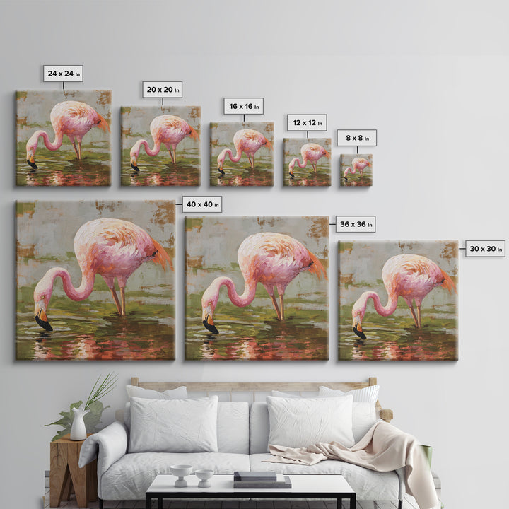 Flamingos in Pink Shallow Water Framed Canvas Print, Wildlife Art, Living Room Art, Living Room Decor, Fine Art, Wild, WIL-1x1-46
