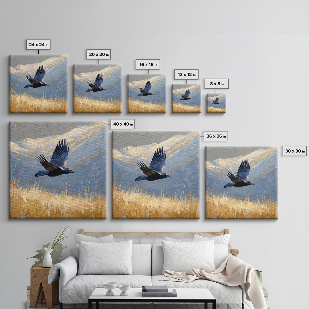 Raven Flying Through Snowy Mountains Framed Canvas Print, Wildlife Art, Art, Living Room Decor, Oil Painting, Wild, WIL-1x1-48