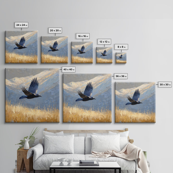 Raven Flying Through Snowy Mountains Framed Canvas Print, Wildlife Art, Art, Living Room Decor, Oil Painting, Wild, WIL-1x1-48