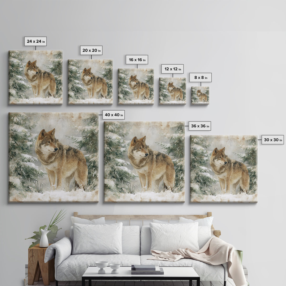 Wolf Standing Beneath Snowy Pine Trees Framed Canvas Print, Wildlife Art, Rustic Home Decor, Living Room Decor, Oil Painting, WIL-1x1-51