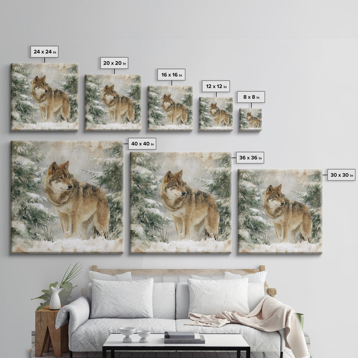 Wolf Standing Beneath Snowy Pine Trees Framed Canvas Print, Wildlife Art, Rustic Home Decor, Living Room Decor, Oil Painting, WIL-1x1-51