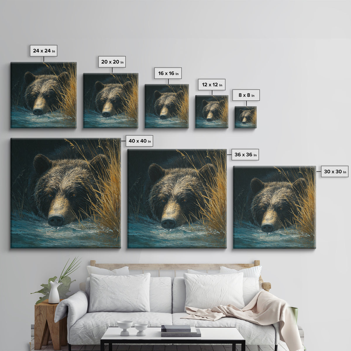 Bear Fishing in Rushing Mountain River Framed Canvas Print, Wildlife Art, Bedroom Wall Art, Living Room Decor, Fine Art, Wild, WIL-1x1-52