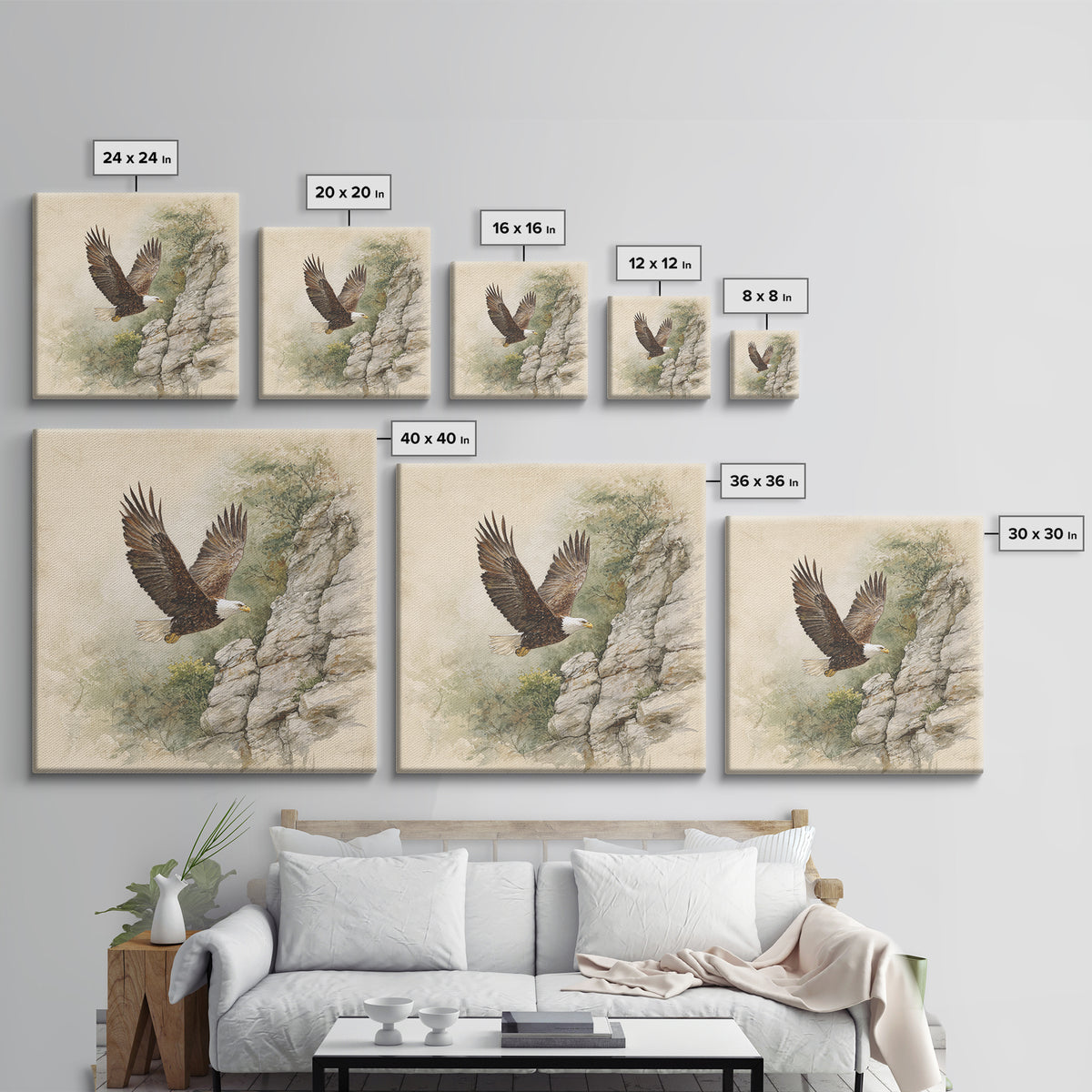 Eagle Soaring Above Rocky Cliffs Canvas Print, Wildlife Art, Bird Wall Art, Living Room Decor, Oil Painting, Wild, Luxury Decor, WIL-1x1-54