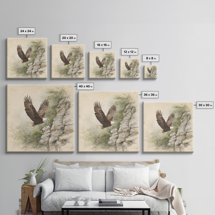Eagle Soaring Above Rocky Cliffs Canvas Print, Wildlife Art, Bird Wall Art, Living Room Decor, Oil Painting, Wild, Luxury Decor, WIL-1x1-54