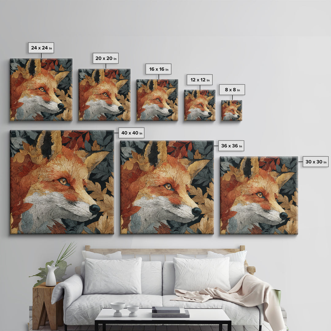 Fox in Autumn Forest Leaves Framed Canvas Print, Wildlife Art, Statement Artwork, Living Room Decor, Fine Art, Wild, Wall Decor, WIL-1x1-57