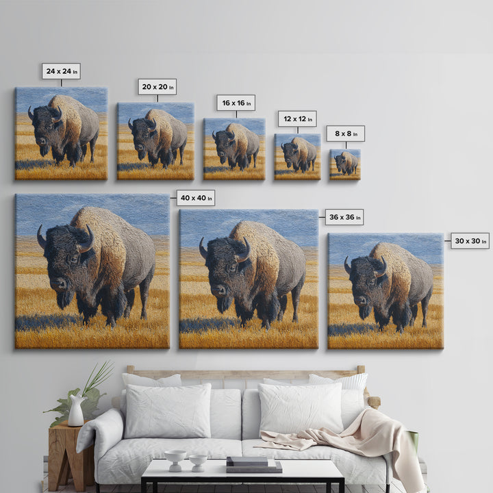 Bison on Wide Western Prairie Framed Canvas Print, Wildlife Art, Original Artwork, Living Room Decor, Oil Painting, Wild, WIL-1x1-61