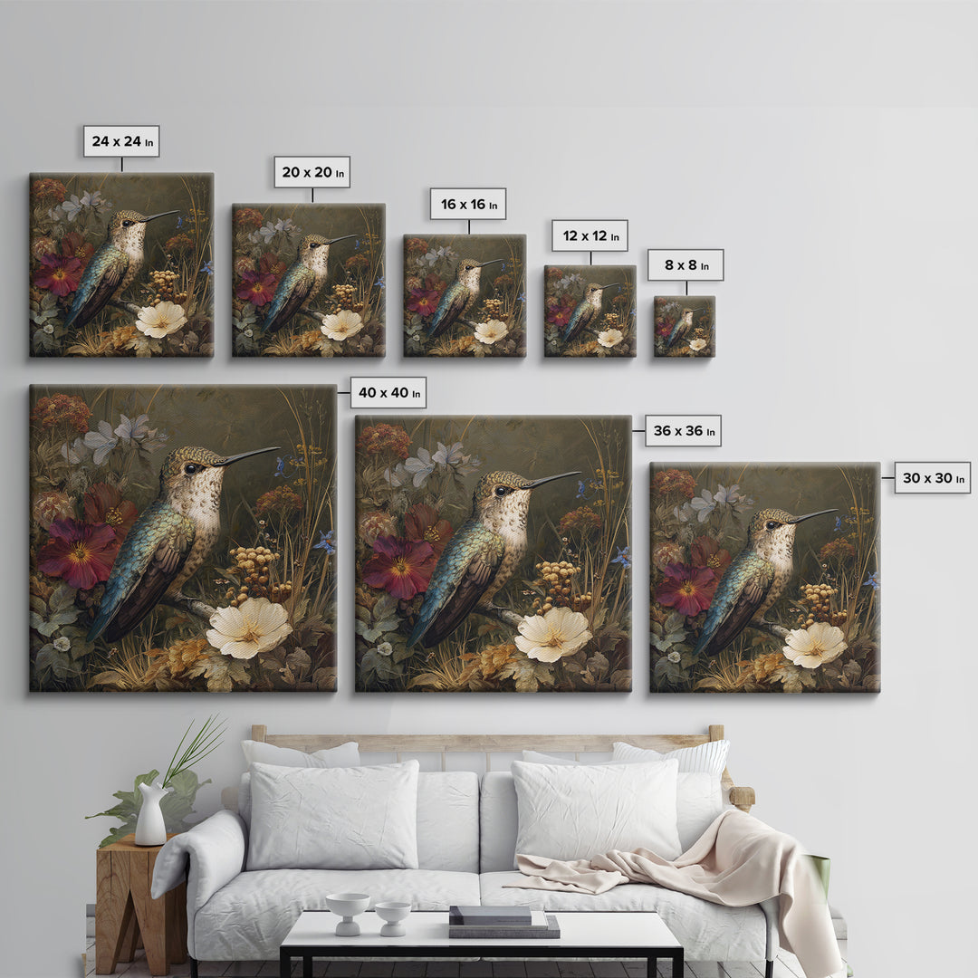 Hummingbird Beside Bright Flowers Framed Canvas Print, Wildlife Art, Bird Art, Living Room Decor, Watercolor Art, Wild, WIL-1x1-64