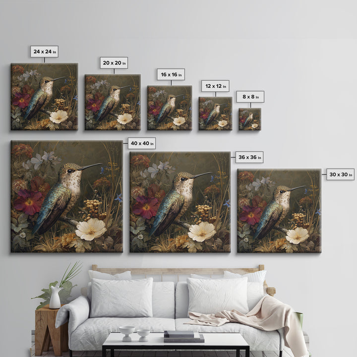 Hummingbird Beside Bright Flowers Framed Canvas Print, Wildlife Art, Bird Art, Living Room Decor, Watercolor Art, Wild, WIL-1x1-64