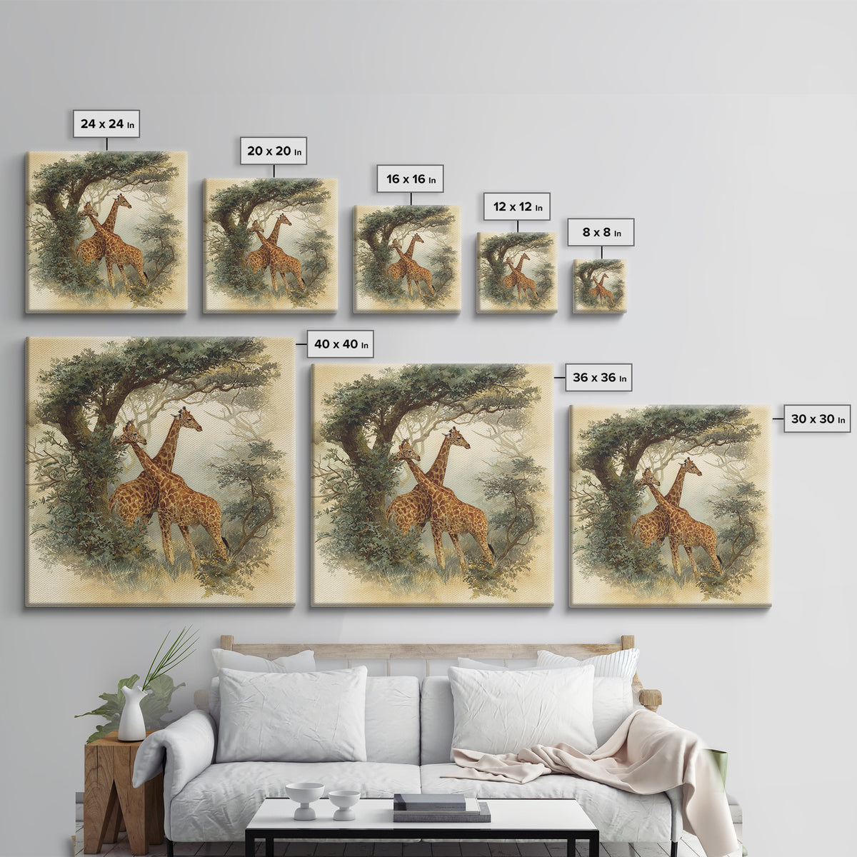 Giraffe Pair under Acacia Tree Framed Canvas Print, Wildlife Art, Living Room Decor, Fine Art, Wild, Living Room Art, WIL-1x1-7