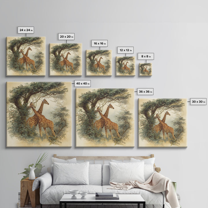 Giraffe Pair under Acacia Tree Framed Canvas Print, Wildlife Art, Living Room Decor, Fine Art, Wild, Living Room Art, WIL-1x1-7