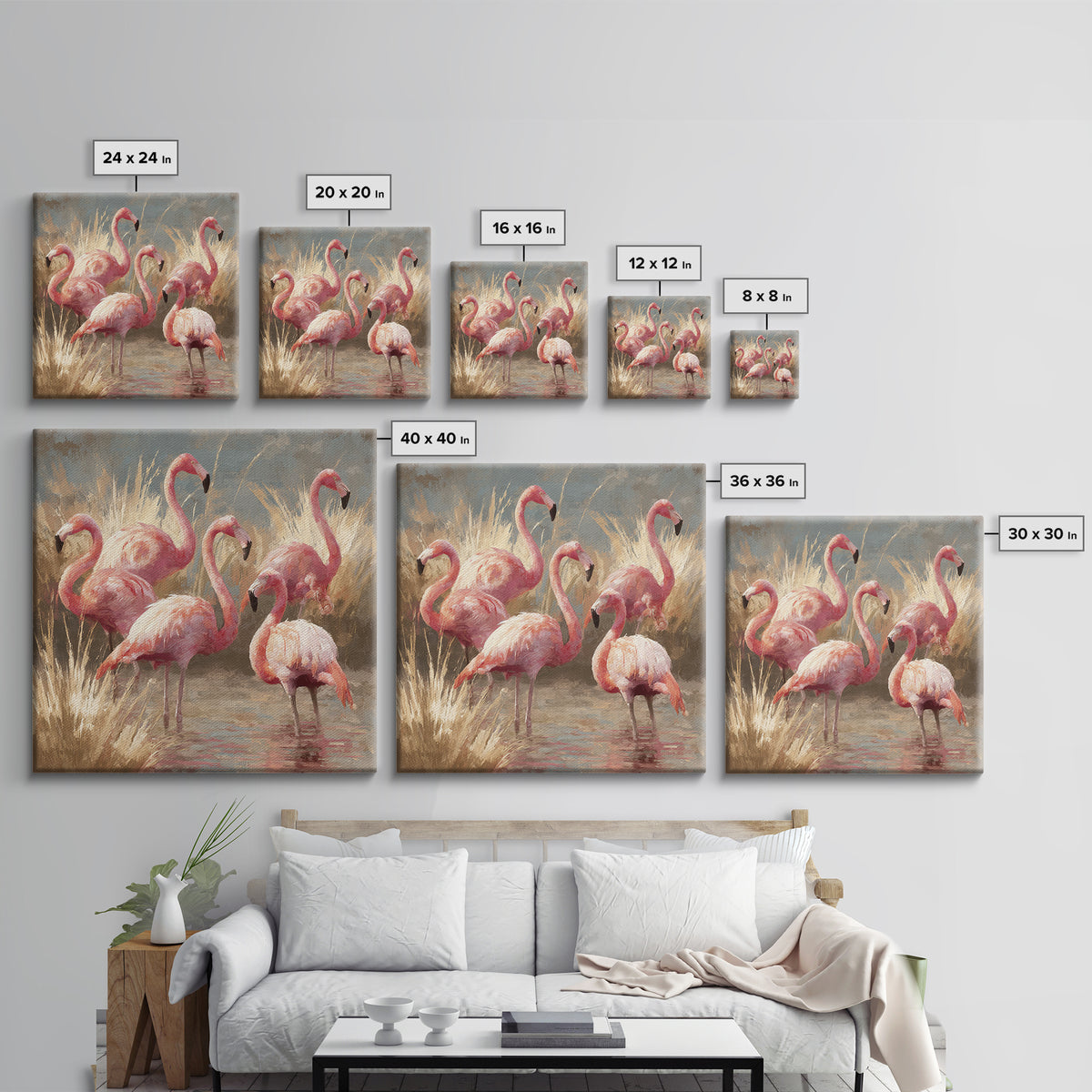 Flamingos in Pink Shallow Water Framed Canvas Print, Wildlife Art, Living Room Art, Living Room Decor, Fine Art, Wild, WIL-1x1-70