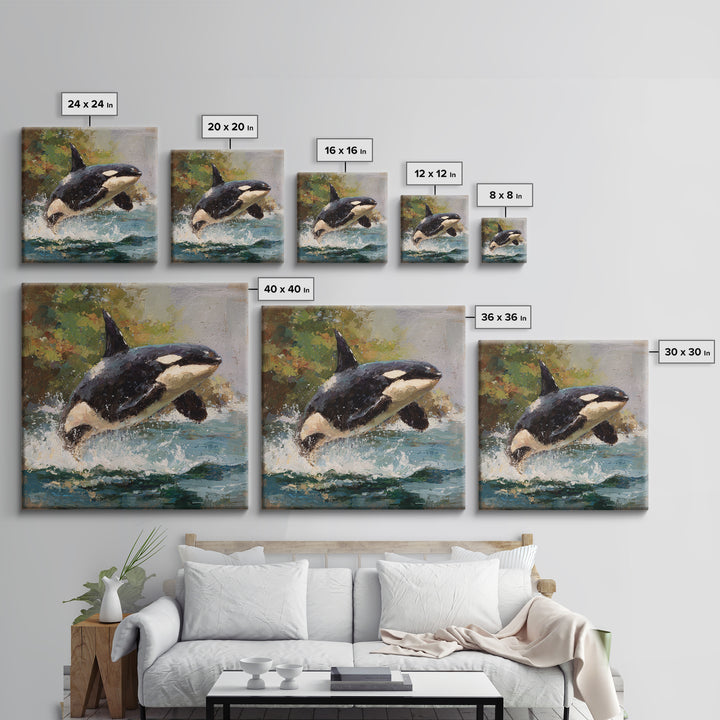 Orca Breaching in Cold Ocean Framed Canvas Print, Wildlife Art, Nature Wall Art, Living Room Decor, Fine Art, Wild, Art Print, WIL-1x1-71