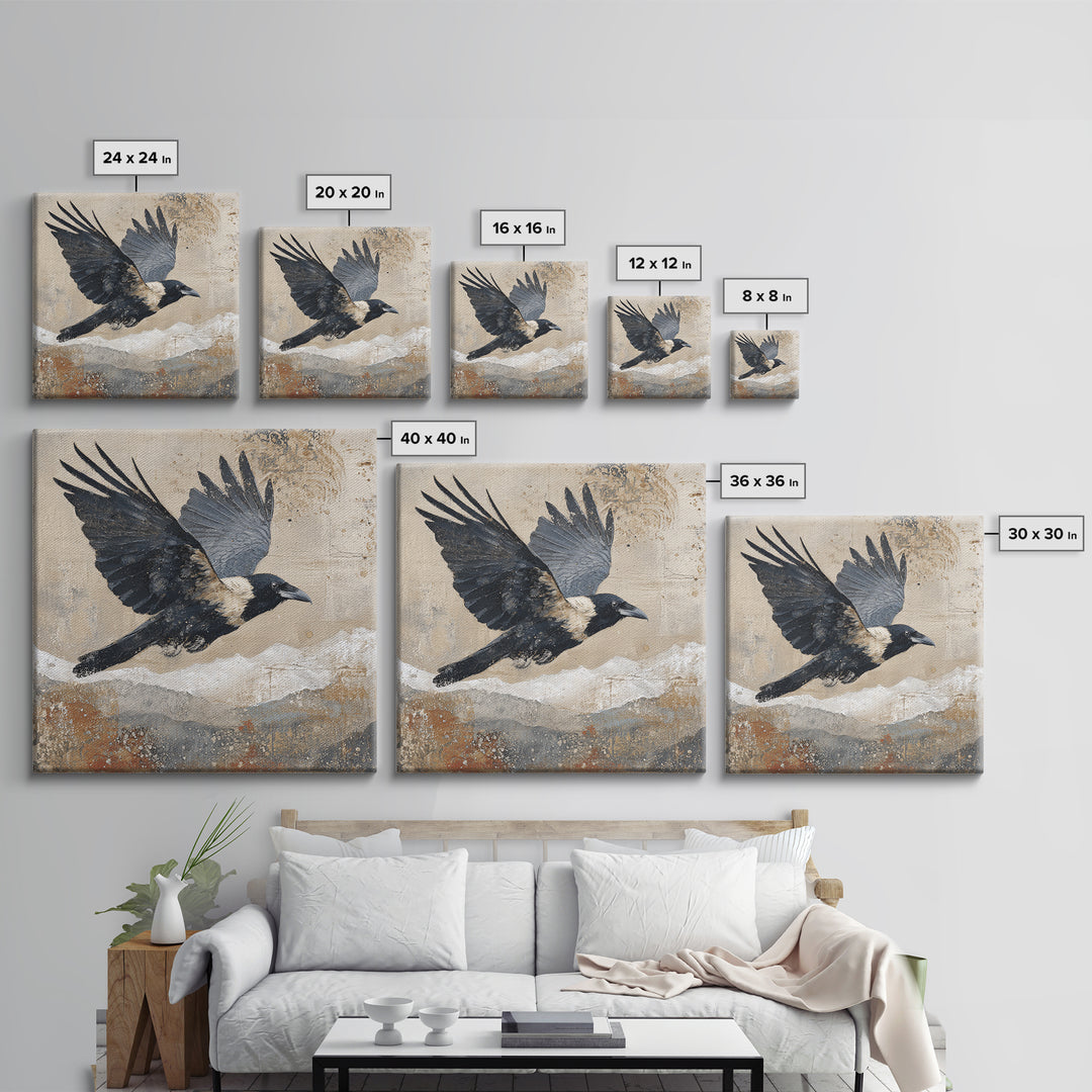 Raven Flying Through Snowy Mountains Framed Canvas Print, Wildlife Art, Bird Wall Art, Living Room Decor, Fine Art, Wild, WIL-1x1-72