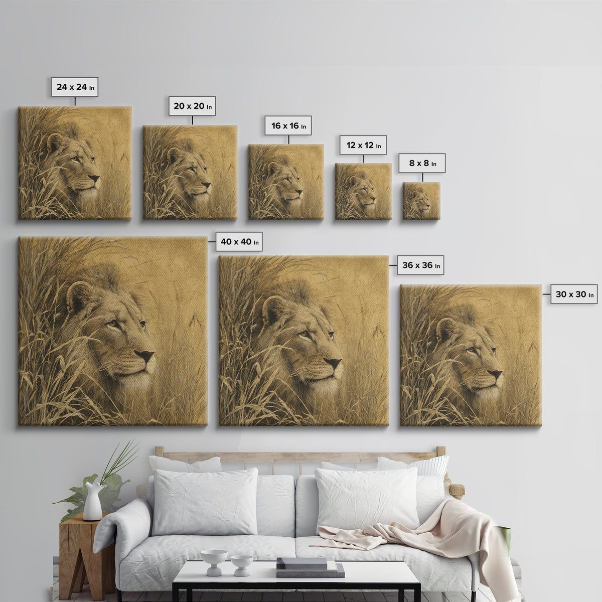 Lion Emerging from Golden Savanna Grass Framed Canvas Print, Wildlife Art, Art Print, Living Room Decor, Watercolor Art, Wild, WIL-1x1-73
